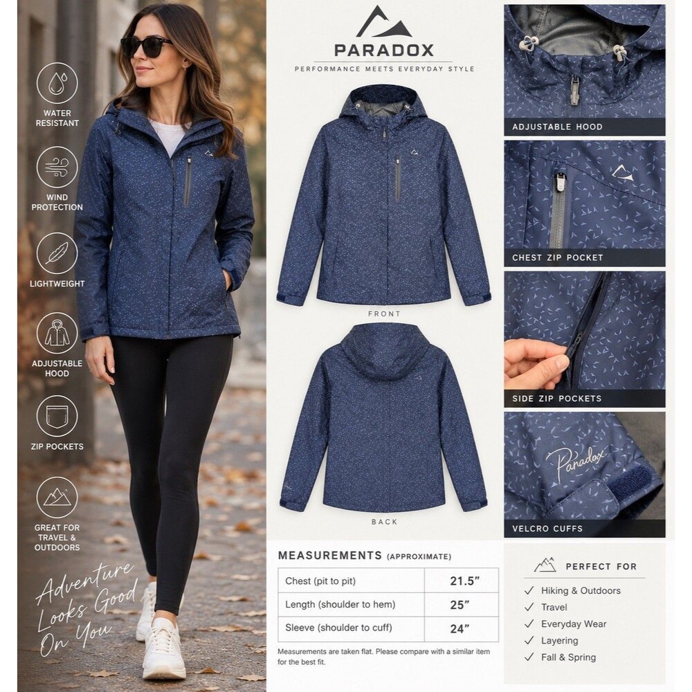 Paradox Women’s S Lightweight Waterproof Hooded Rain Jacket Blue Print Full Zip